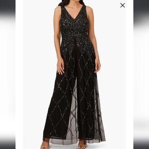 Adrianna Papell Black Beaded Georgette Jumpsuit Size 10